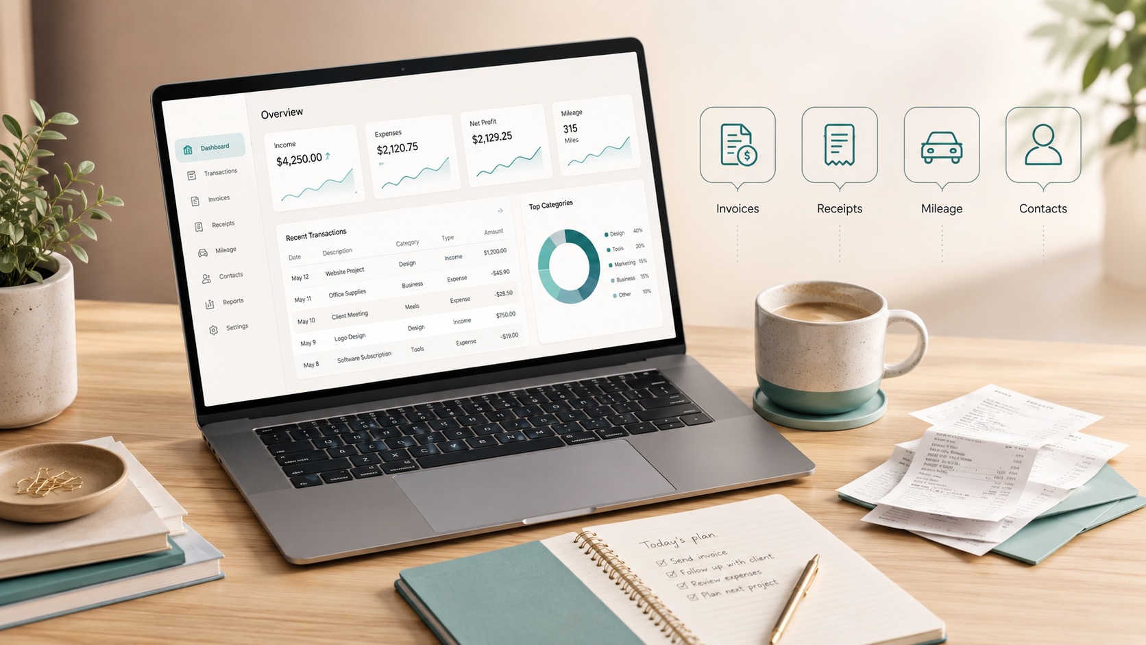 Espacio de freelancer tranquilo y organizado con facturas, recibos y libros de cuentas.