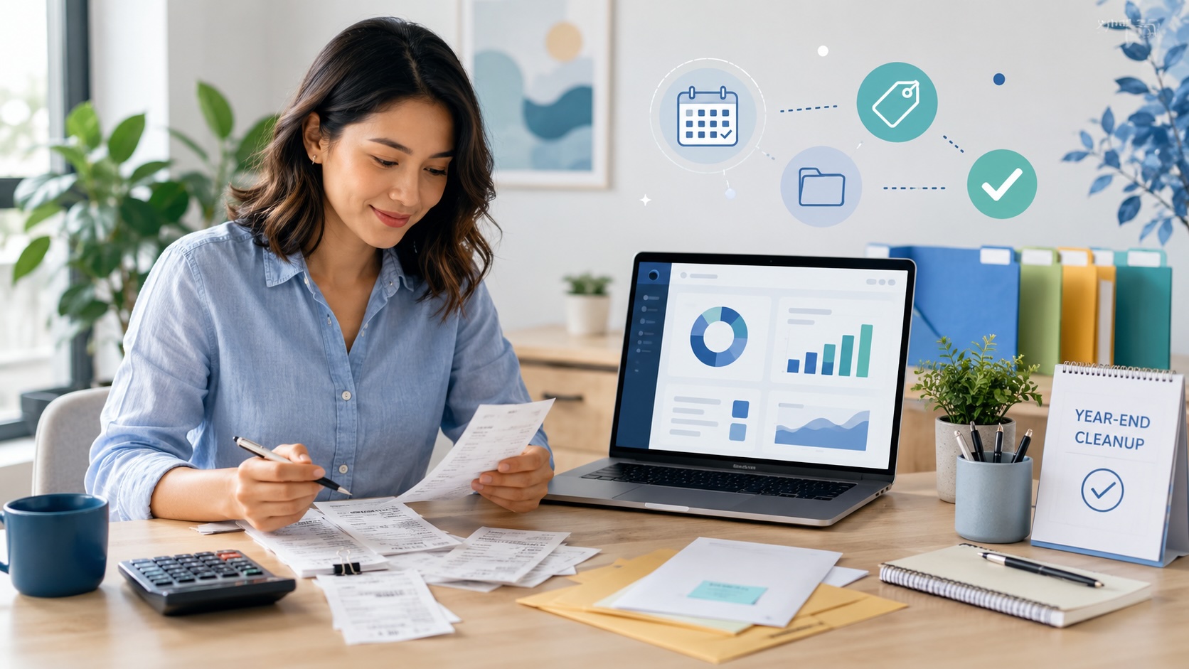 Small business owner organizing receipts at a tidy desk with an organized pile of papers and a subtle, abstract bookkeeping scene in the background.