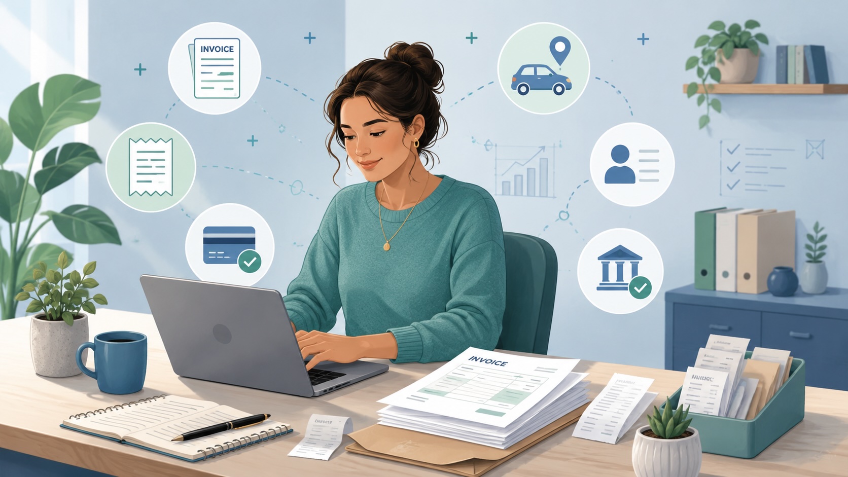 Calm, friendly illustration of a small business owner managing invoices and payments at a desk.