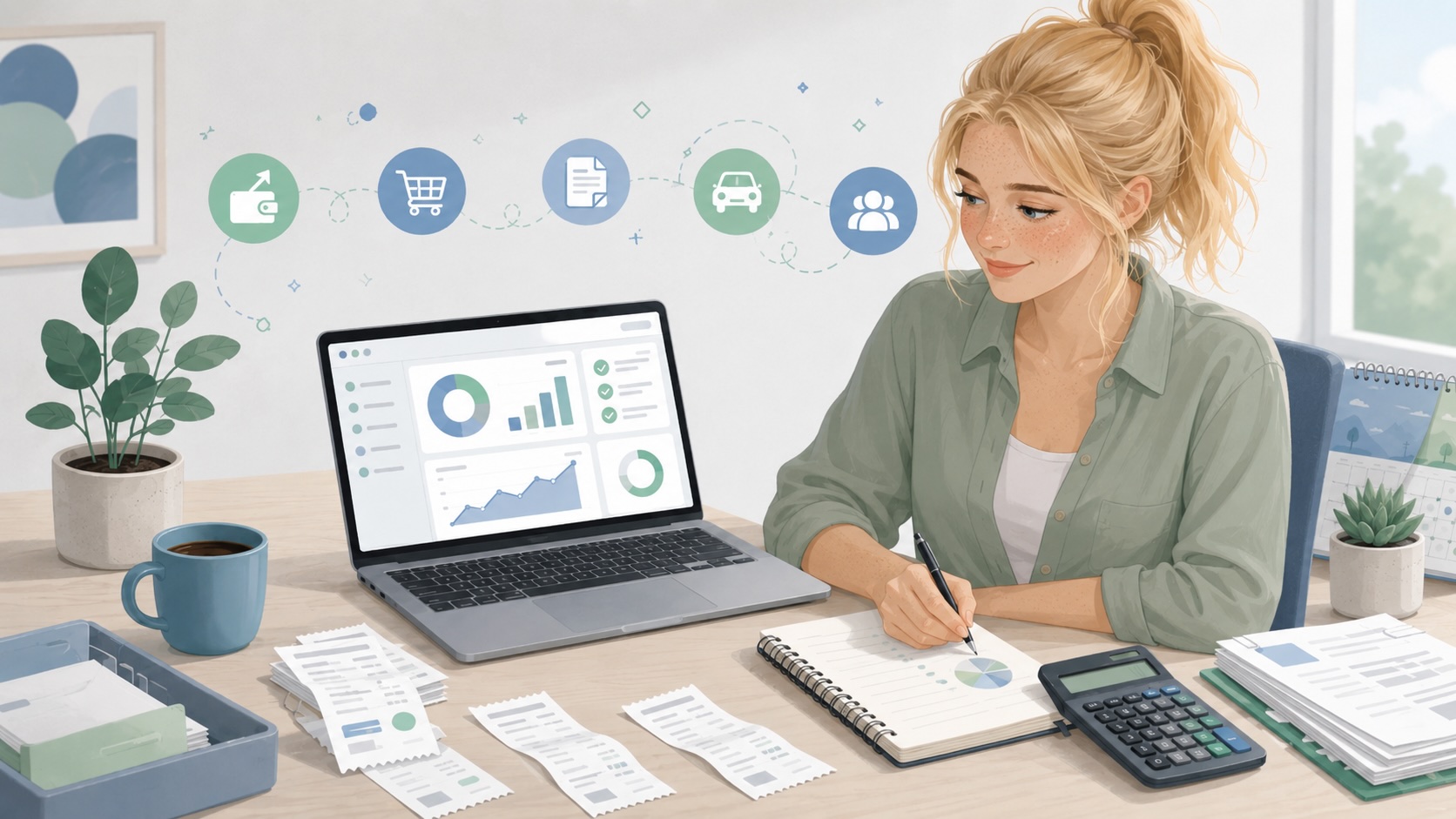 Calm, organized bookkeeping scene for year-end checklist with desk setup and calendar.