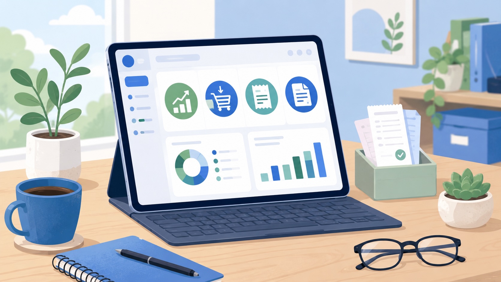 Calm, approachable workspace with a simple bookkeeping dashboard and small business basics.