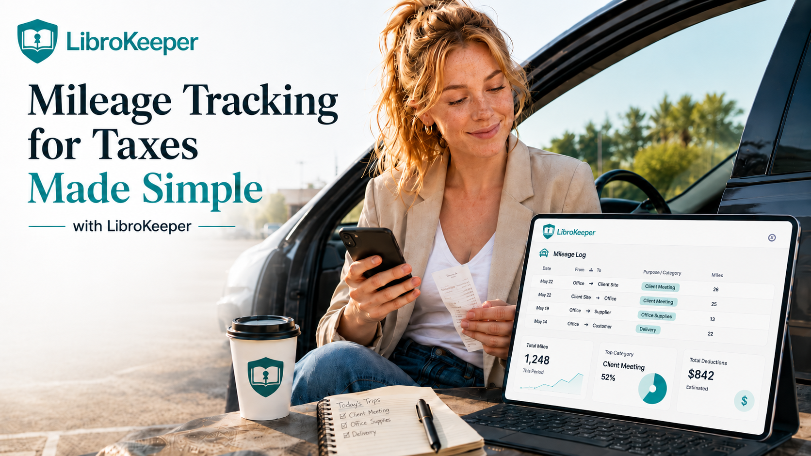 Calm, practical visualization of organizing mileage for taxes for small business owners and freelancers.